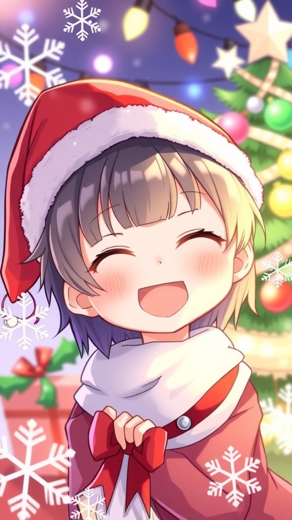 Omori character in a Santa hat with Christmas decorations.